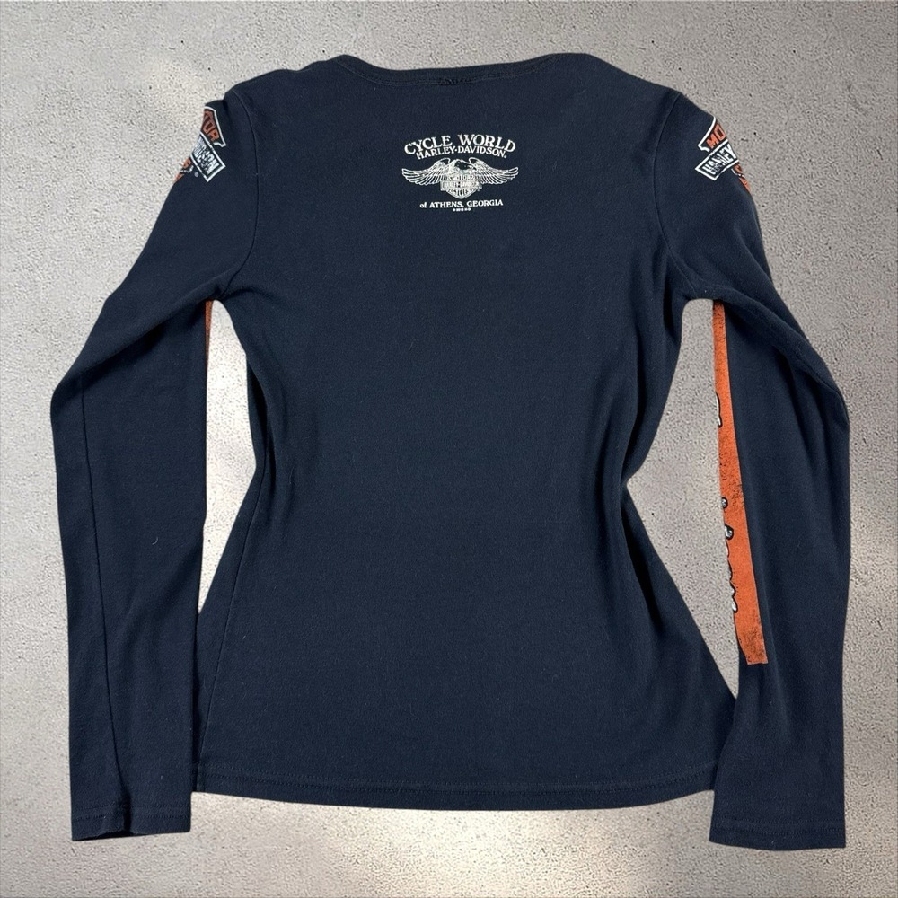 Vtg Y2K Harley Davidson Thermal Shirt Waffle Knit Wings Spell Out Sleeve Sz M - Picture 2 of 4